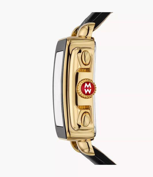 Michele Deco Sport Chronograph 18K Gold-Plated Stainless Steel Noir Leather Watch MWW06K000070