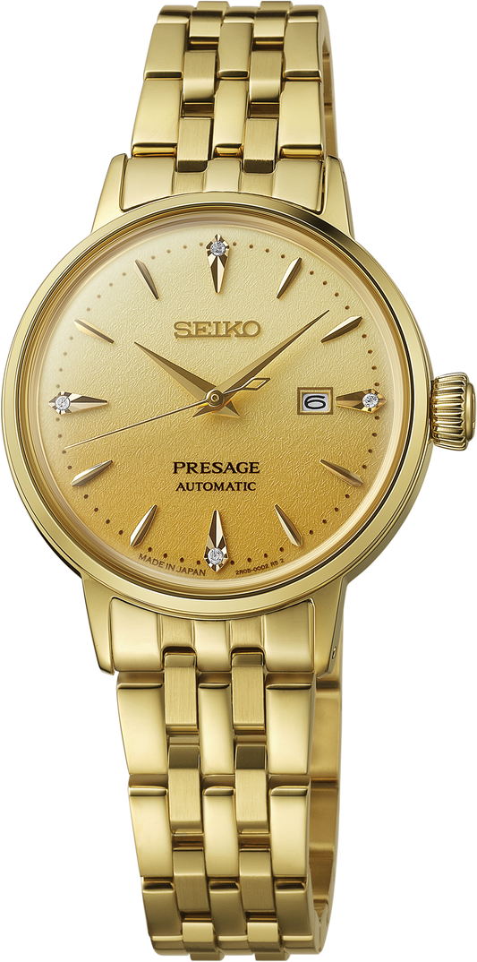 Seiko Presage Cocktail Time All Gold Tone Automatic 30mm Ladies Watch SRE018