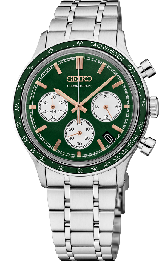 Seiko Essentials Chronograph Green Panda Dial Quartz 38.7mm Men's Watch SSB481