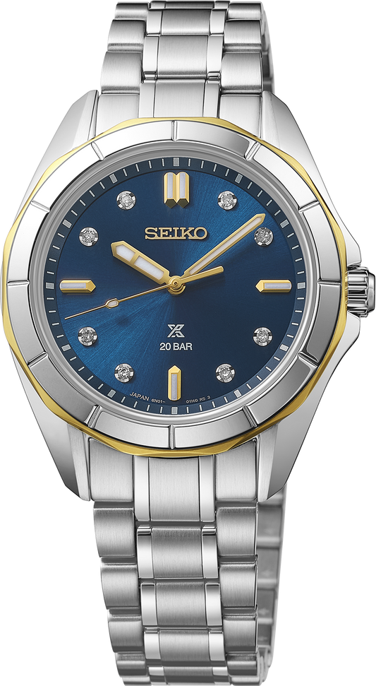 Seiko Prospex Two Tone Diamond Markers Blue Dial 34mm Quartz Ladies' Watch SUR620