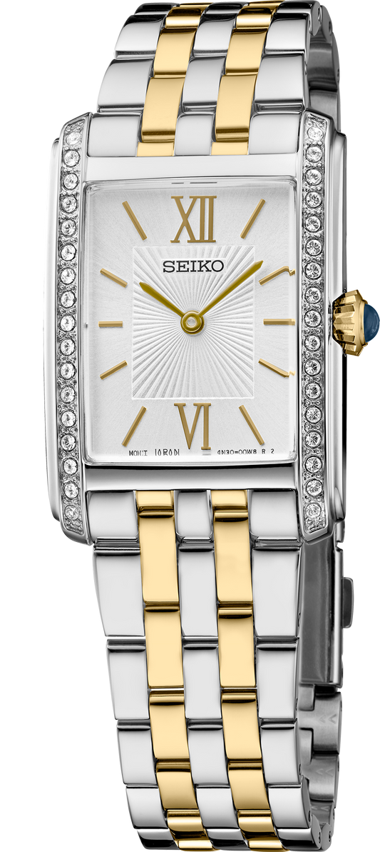 Seiko Essentials Collection Two Tone White Dial Crystal Bezel Ladies' Watch SWR093