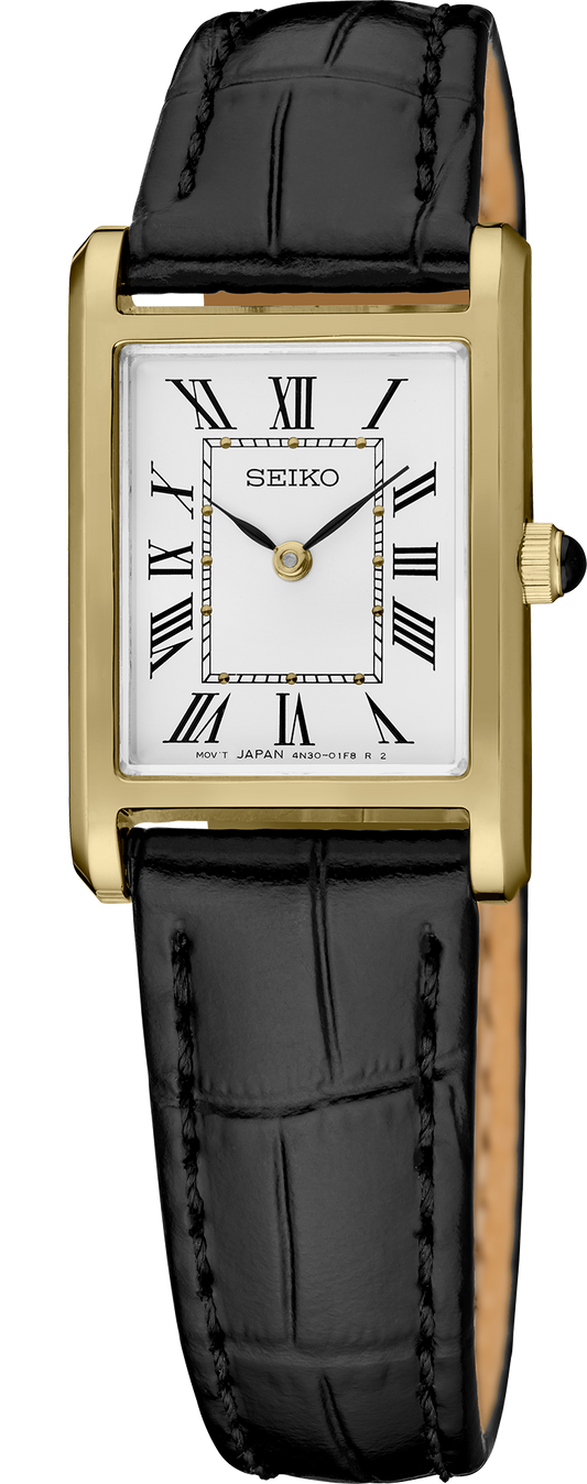 Seiko Essentials Gold Tone Case White Roman Numerals Dial Black Leather Band 19.6mm Ladies' Watch SWR108