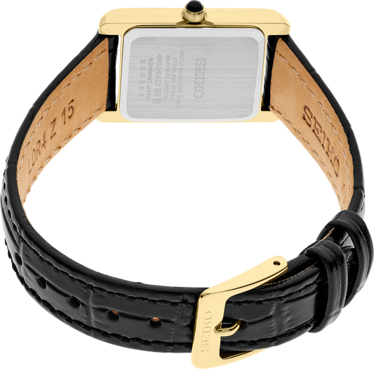 Seiko Essentials Gold Tone Case White Roman Numerals Dial Black Leather Band 19.6mm Ladies' Watch SWR108