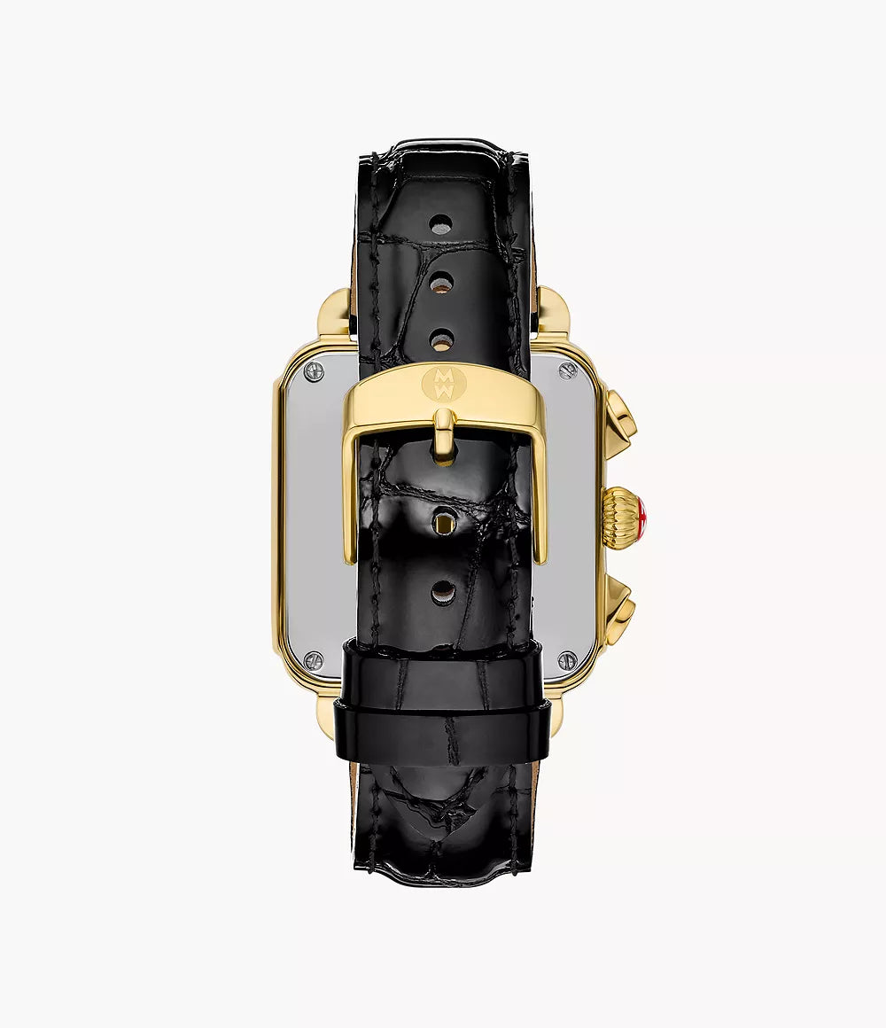 Michele Deco Sport Chronograph 18K Gold-Plated Stainless Steel Noir Leather Watch MWW06K000070