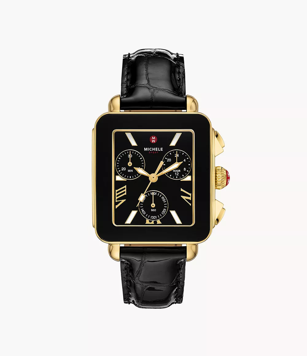 Michele Deco Sport Chronograph 18K Gold-Plated Stainless Steel Noir Leather Watch MWW06K000070
