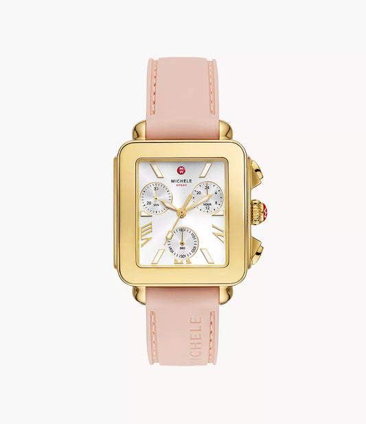 Michele Deco Sport Chronograph 18K Gold-Plated Ballet Pink Silicone Watch MWW06K000072