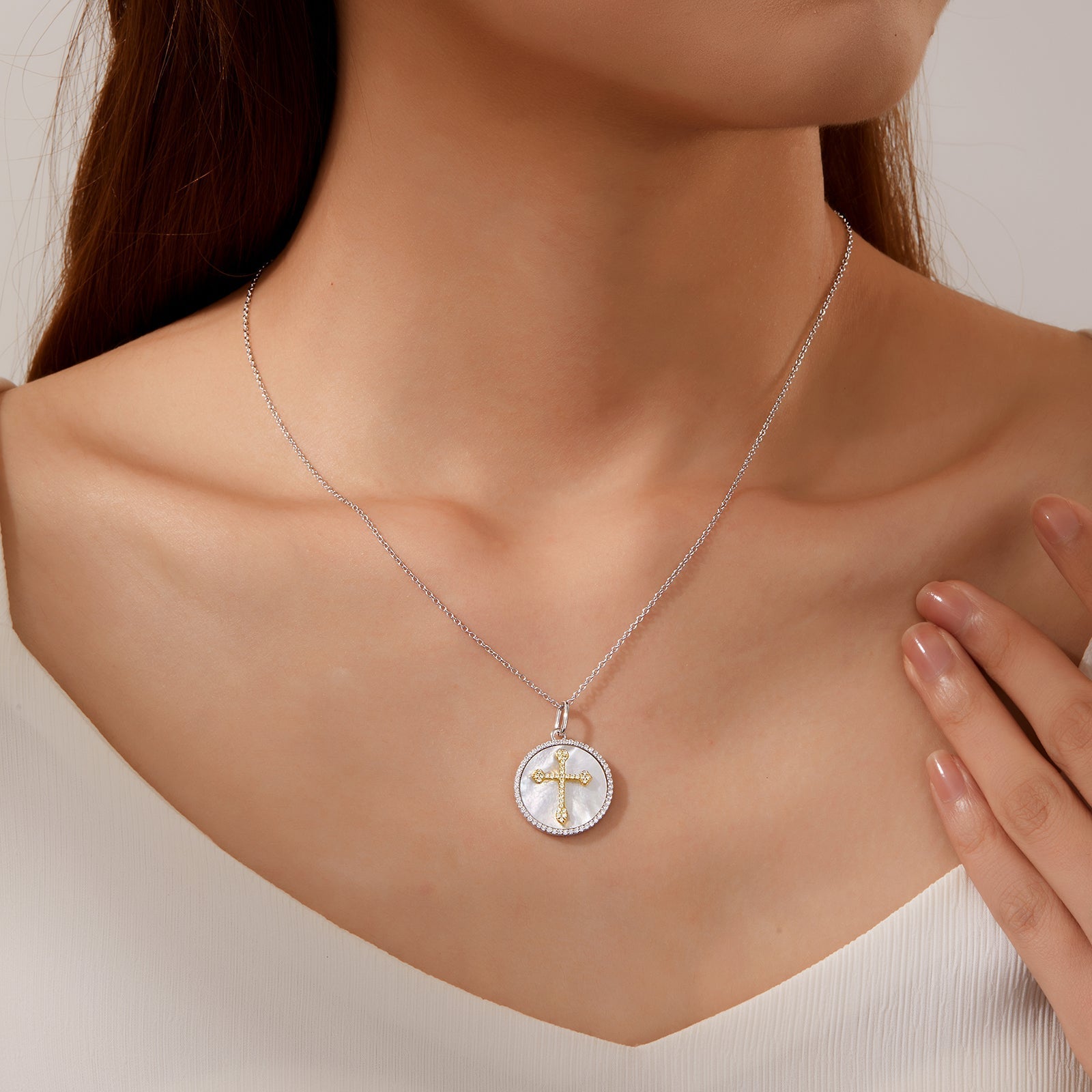 Cross on Mother of Pearl Disc Necklace