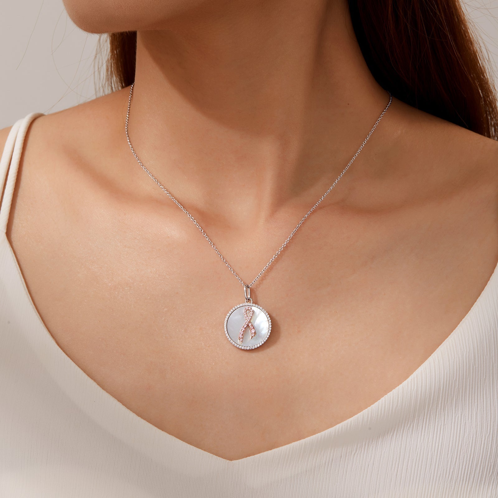 Mother of Pearl Pink Ribbon Necklace