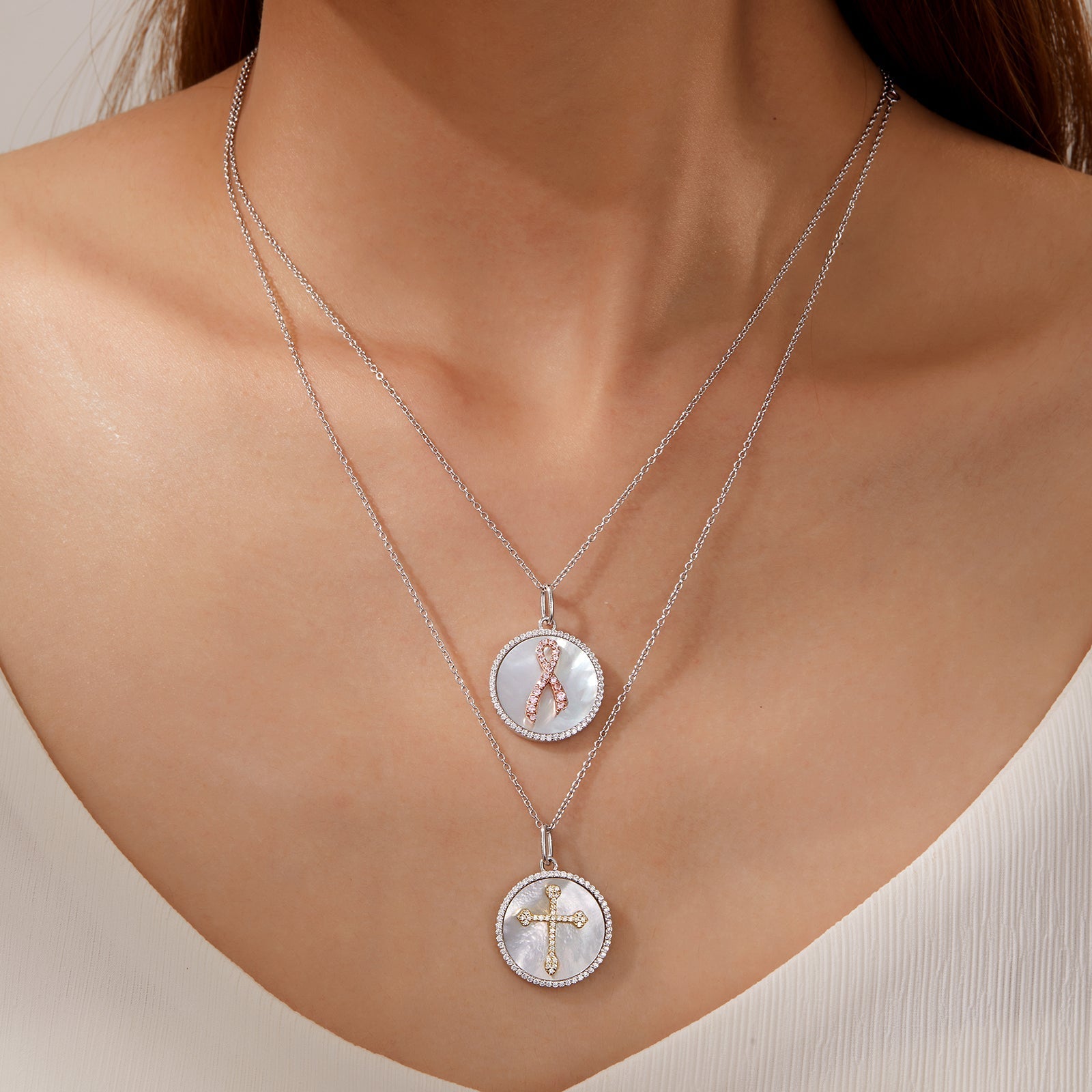 Mother of Pearl Pink Ribbon Necklace