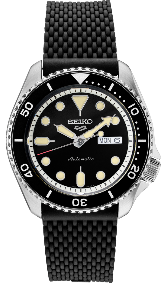 Seiko 5 Sports Black Dial Black Silicone Band Automatic 42.5mm Men's Watch SRPD95