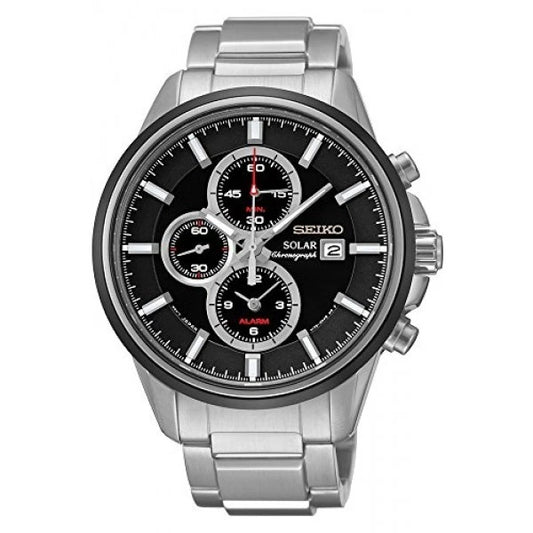 Men Solar Black Chronograph Dial Silver Bracelet SSC267