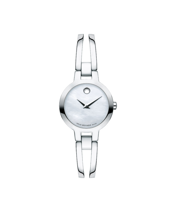 Movado Amorosa, 24 mm stainless steel case with mother of pearl dial on stainless steel double-bar bangle-style bracelet.