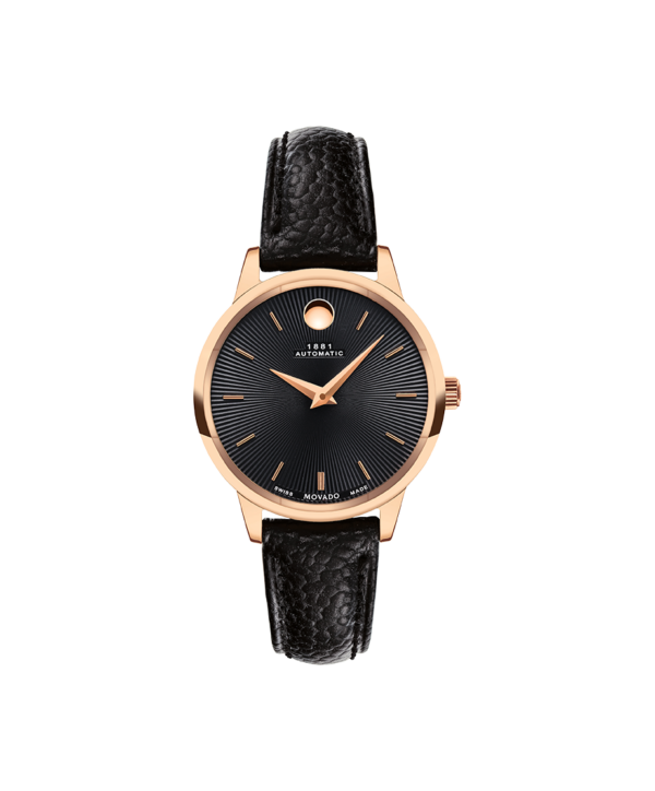 Movado 1881 Automatic 30 mm rose gold PVD-finished stainless steel case with black textured dial and black calfskin leather strap.