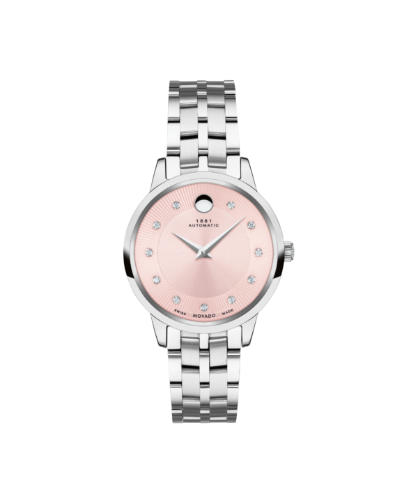 Movado 1881 Automatic 30 mm stainless steel case and bracelet with pink textured dial