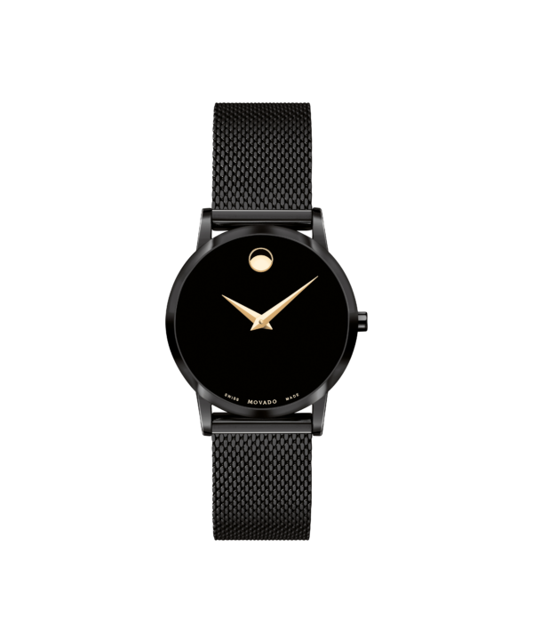 Movado Museum Classic 28mm black PVD-finished stainless steel case and mesh bracelet with black-toned dial & yellow gold PVD-finished accents.