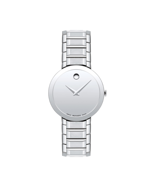 Movado Sapphire 28 mm stainless steel bezel-free case with flat edge-to-edge sapphire crystal.