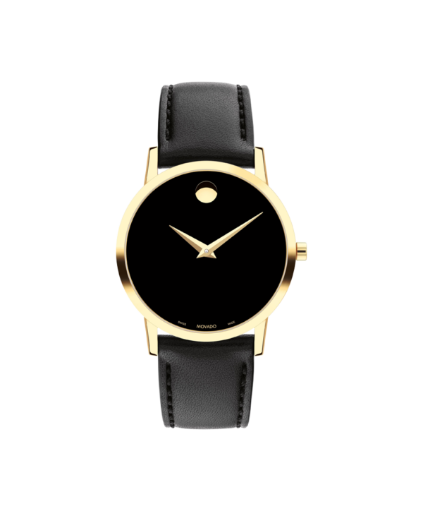 Movado Museum Classic 33mm yellow gold PVD-finished stainless steel case with black Museum dial on a black calfskin leather strap.