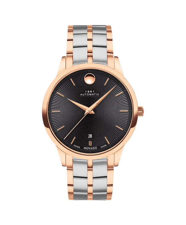Movado 1881 Automatic, 39 mm two-tone rose gold PVD-finished stainless steel case and bracelet with black textured dial.