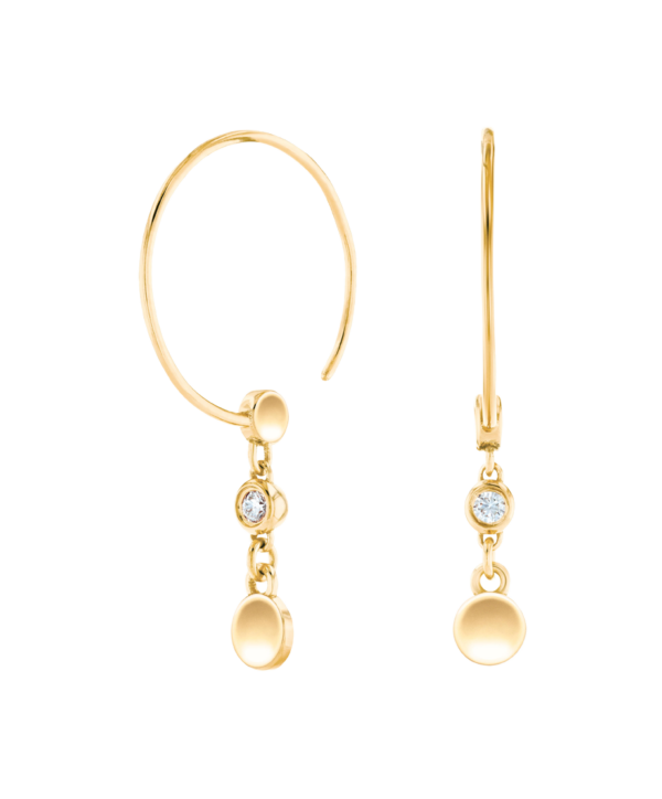 Discover the soul of modern elegance. Movado’s iconic dot motif is reimagined in sparkling diamonds and luxurious 14k yellow gold, suspended from slim hoop earrings.