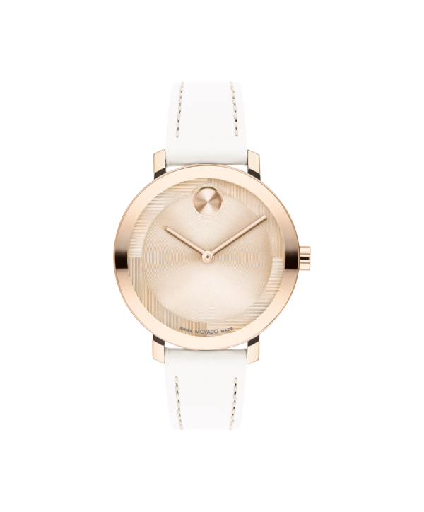 Movado BOLD Evolution 2.0 timepiece featuring a stunning Rose Gold Dial and a chic Off-White Strap,