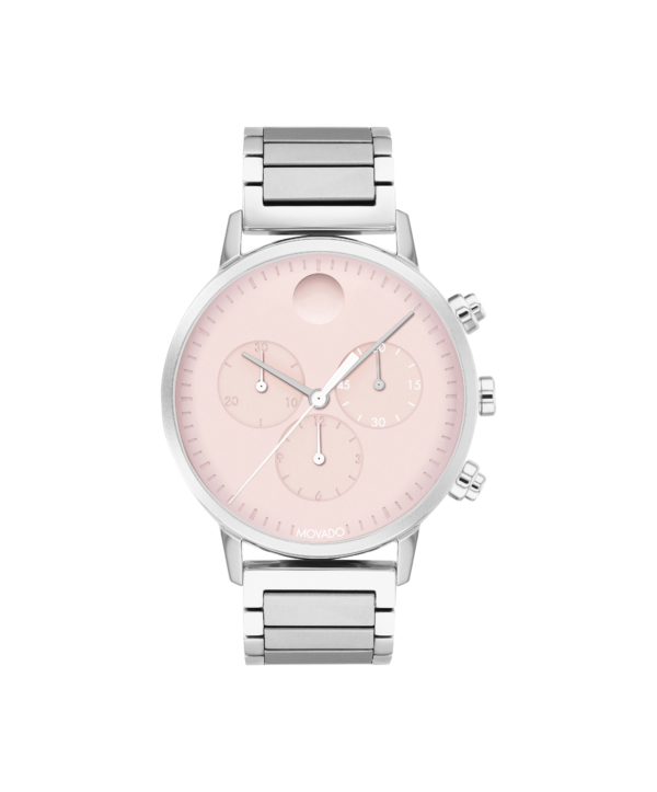 Movado Face 38 mm stainless steel case and bracelet with a pink chronograph dial.