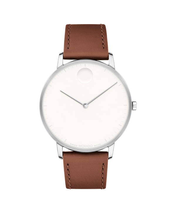 Movado Face, 41mm stainless steel case, white dial, stainless steel hands on a cognac leather strap.