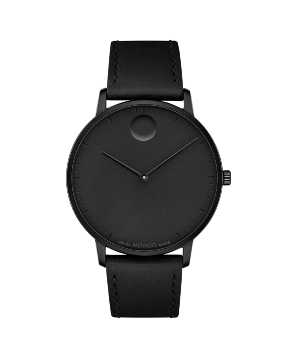 Movado Face, 41mm black ion-plated stainless steel case with a black dial on a black leather strap