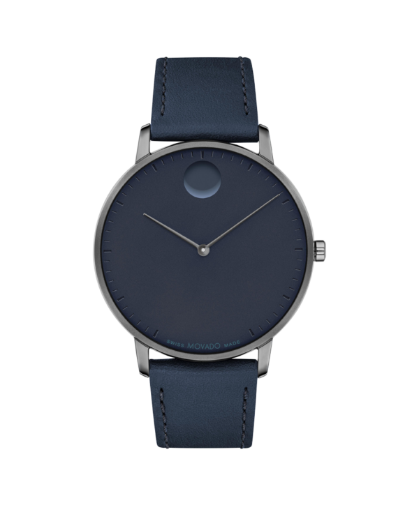 Movado Face, 41mm grey ion-plated stainless steel case with a navy dial on a navy leather strap.
