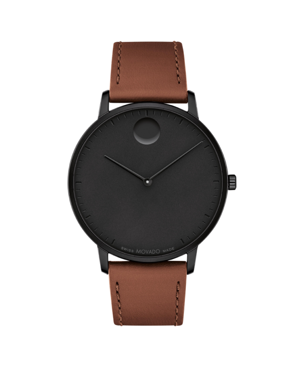 Movado Face, 41mm black ion-plated stainless steel case with a black dial on a cognac leather strap.