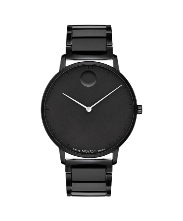 Movado Face, 41mm black ion-plated stainless steel case and bracelet with a black dial and white-toned hands.