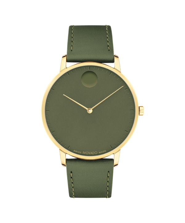 Movado Face, 41mm pale yellow gold ion-plated stainless steel case with an olive-toned dial on a olive leather strap.