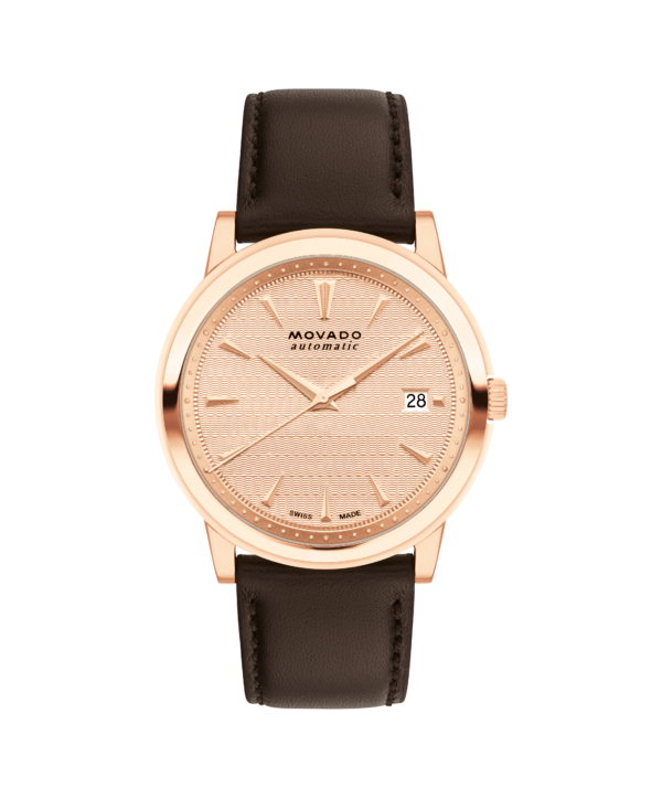 Movado Heritage Series Disco Volante Automatic, 40 mm rose gold ion-plated stainless steel case with rose gold stamped dial on a brown leather strap.