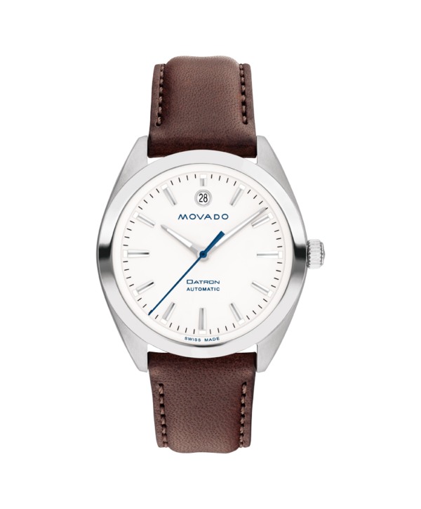 Movado Heritage Series Datron Automatic, 40mm case of stainless steel housing a white dial fitted with Swiss Super-LumiNova® accents and a date window.