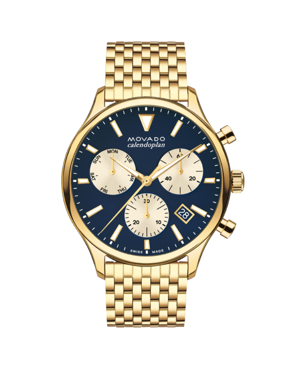 Movado Heritage Series Calendoplan, features a 43mm luxe yellow gold ion-plated stainless steel case framing a navy chronograph dial outfitted with three parchment subdials.
