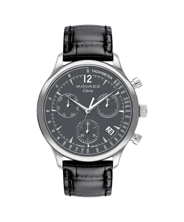 Movado Heritage Series Circa, 43mm case and a subtle grey dial featuring three subdials, a date window, and a tachymeter scale.